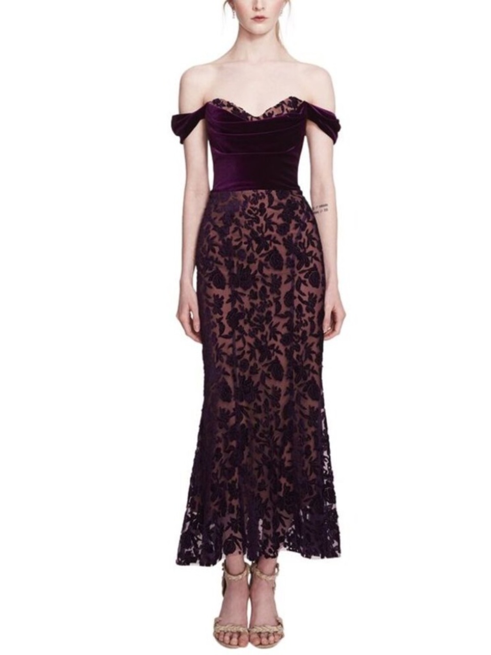 Marchesa Notte Off Shoulder Velvet Floral Cutwork Purple Evening Cocktail Dress